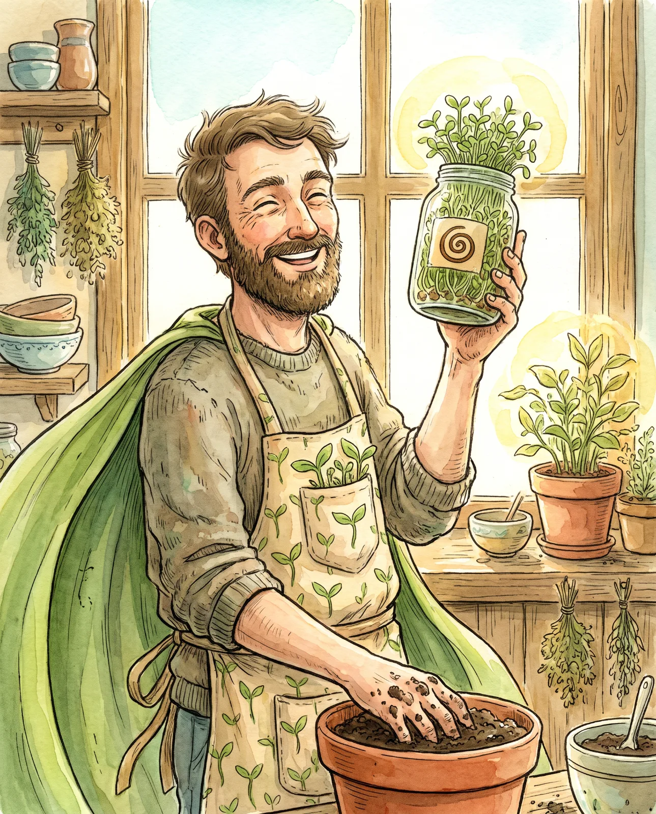 Germi, el Supergerminador, sostiene un tarro de brotes hacia la luz con las manos en la tierra y su capa de alfalfa.